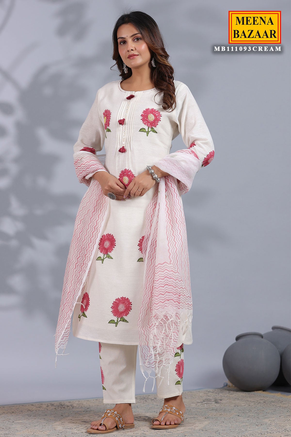 Cream Cotton Floral Printed Suit with Pants