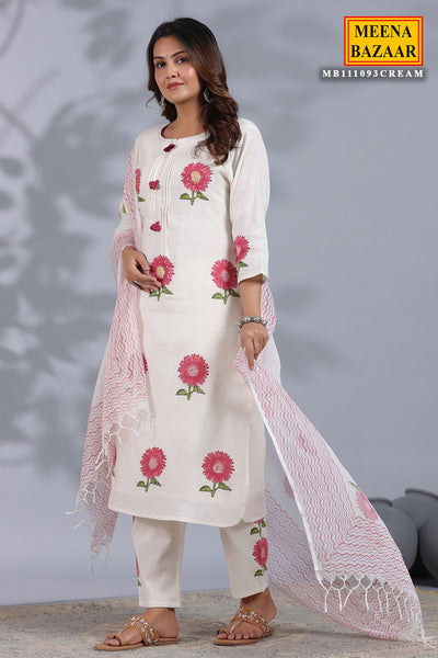 Cream Cotton Floral Printed Suit with Pants