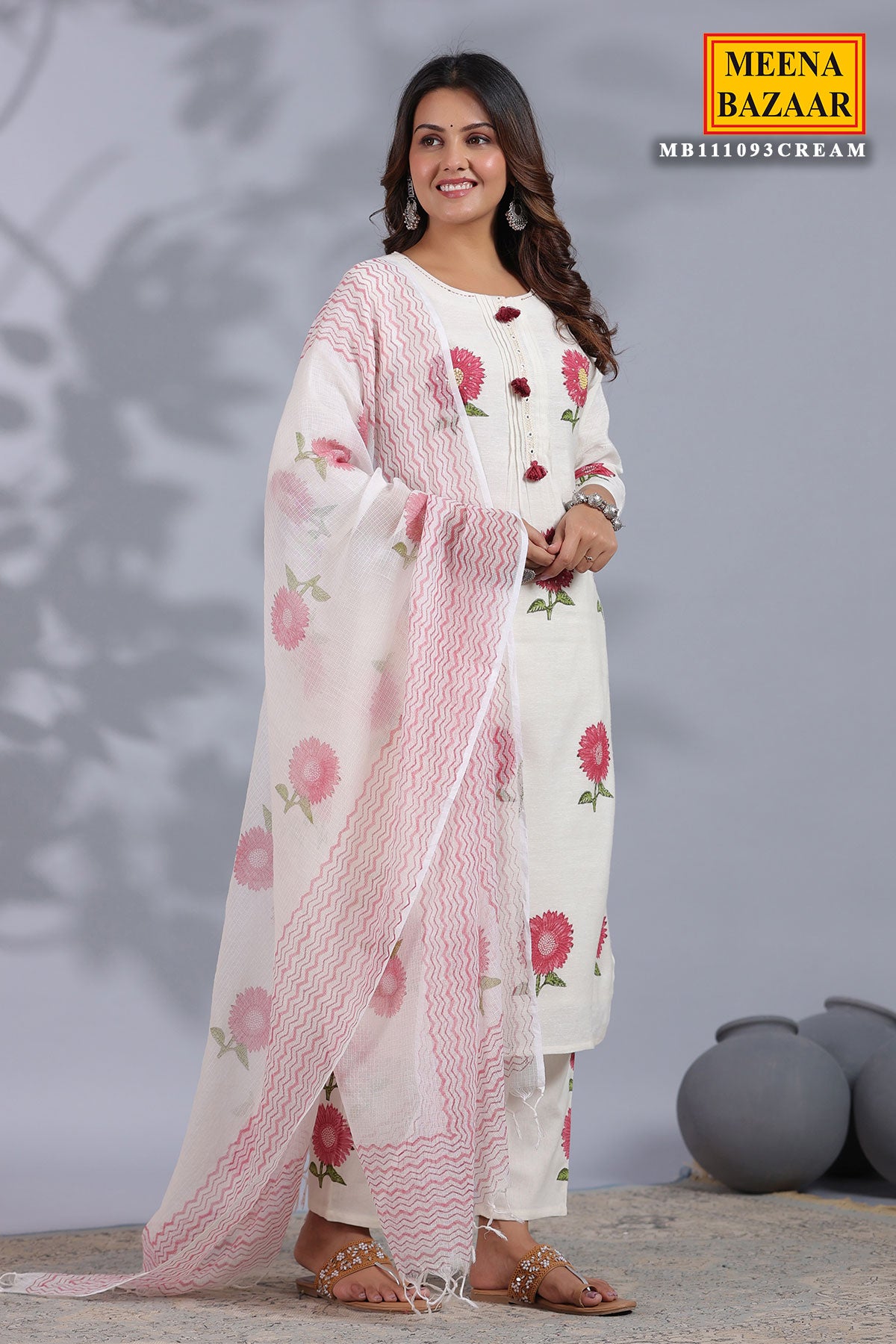 Cream Cotton Floral Printed Suit with Pants