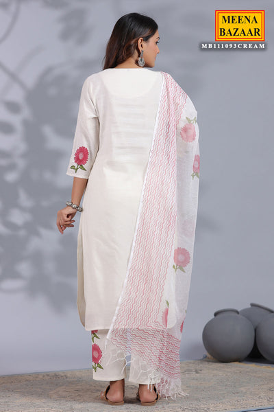 Cream Cotton Floral Printed Suit with Pants