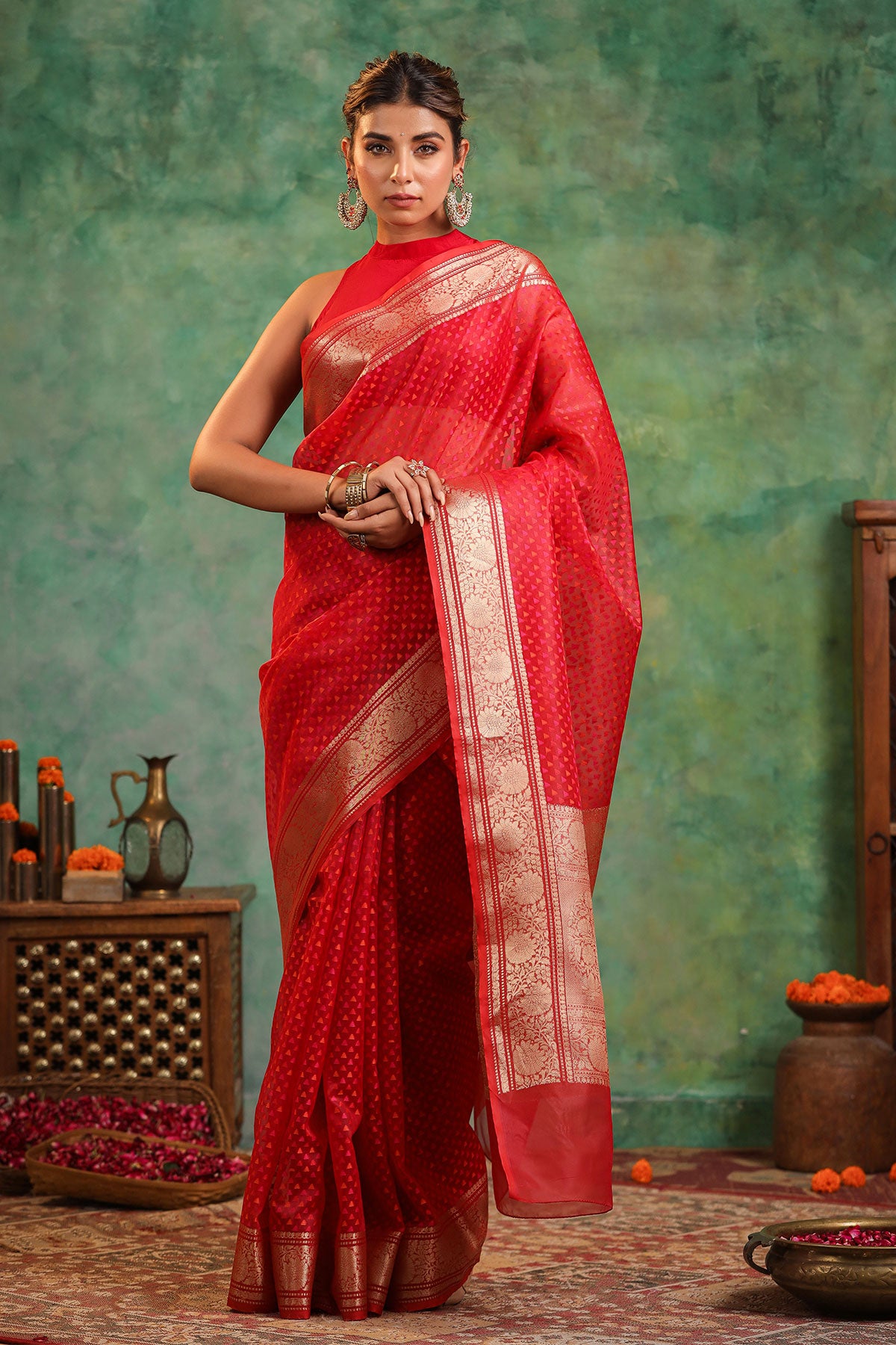 Rani Organza Zari Woven Printed Saree