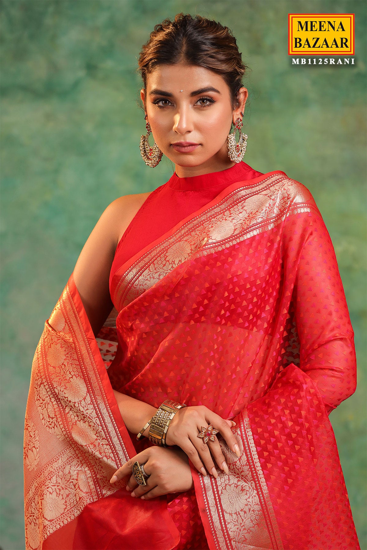 Rani Organza Zari Woven Printed Saree