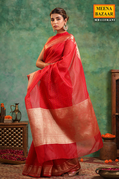 Rani Organza Zari Woven Printed Saree