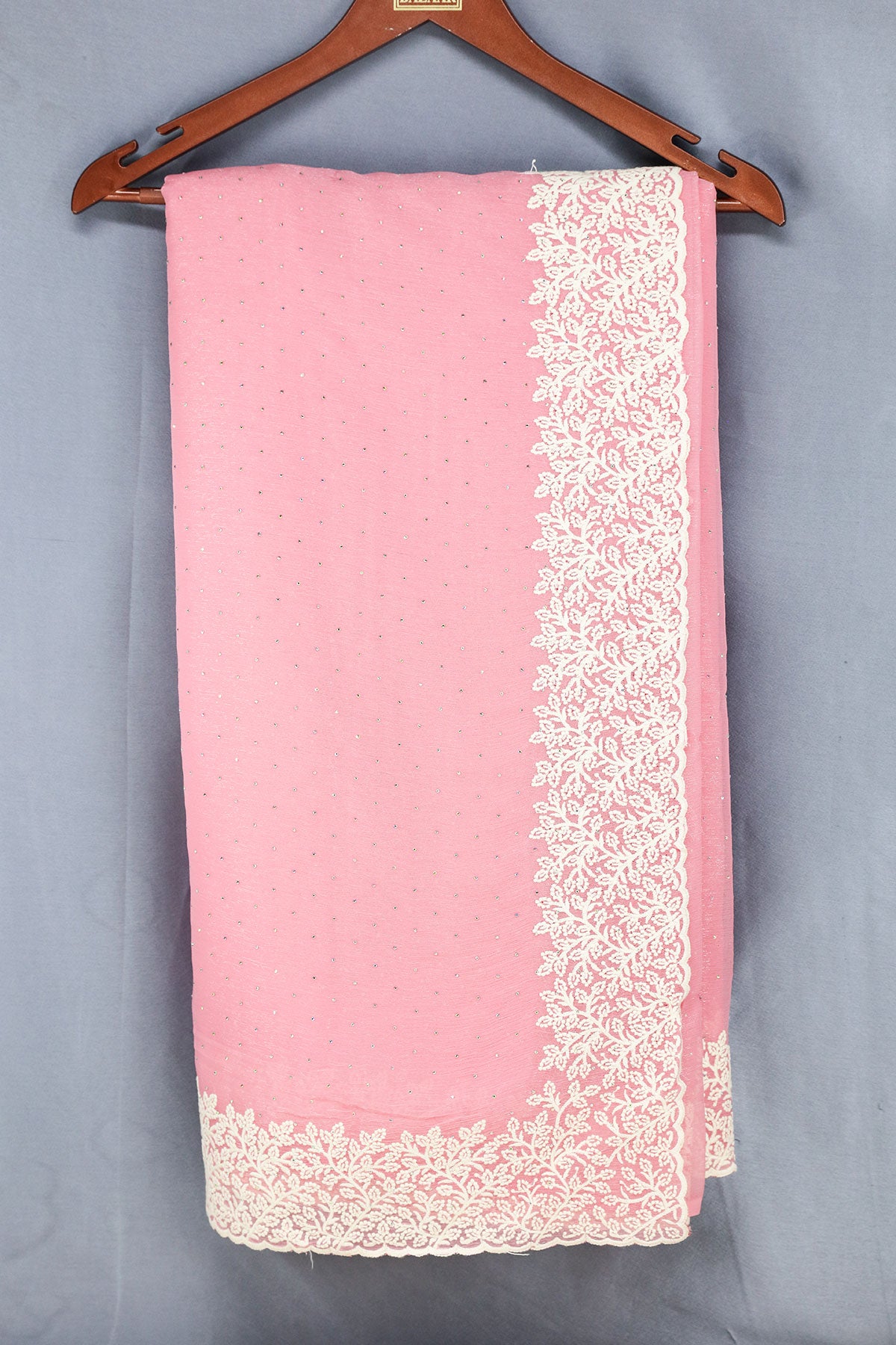 Pink Georgette Swarovski Embellished Thread Embroidered Saree