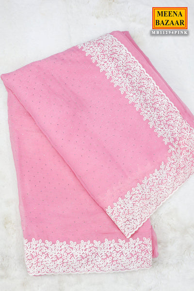 Pink Georgette Swarovski Embellished Thread Embroidered Saree