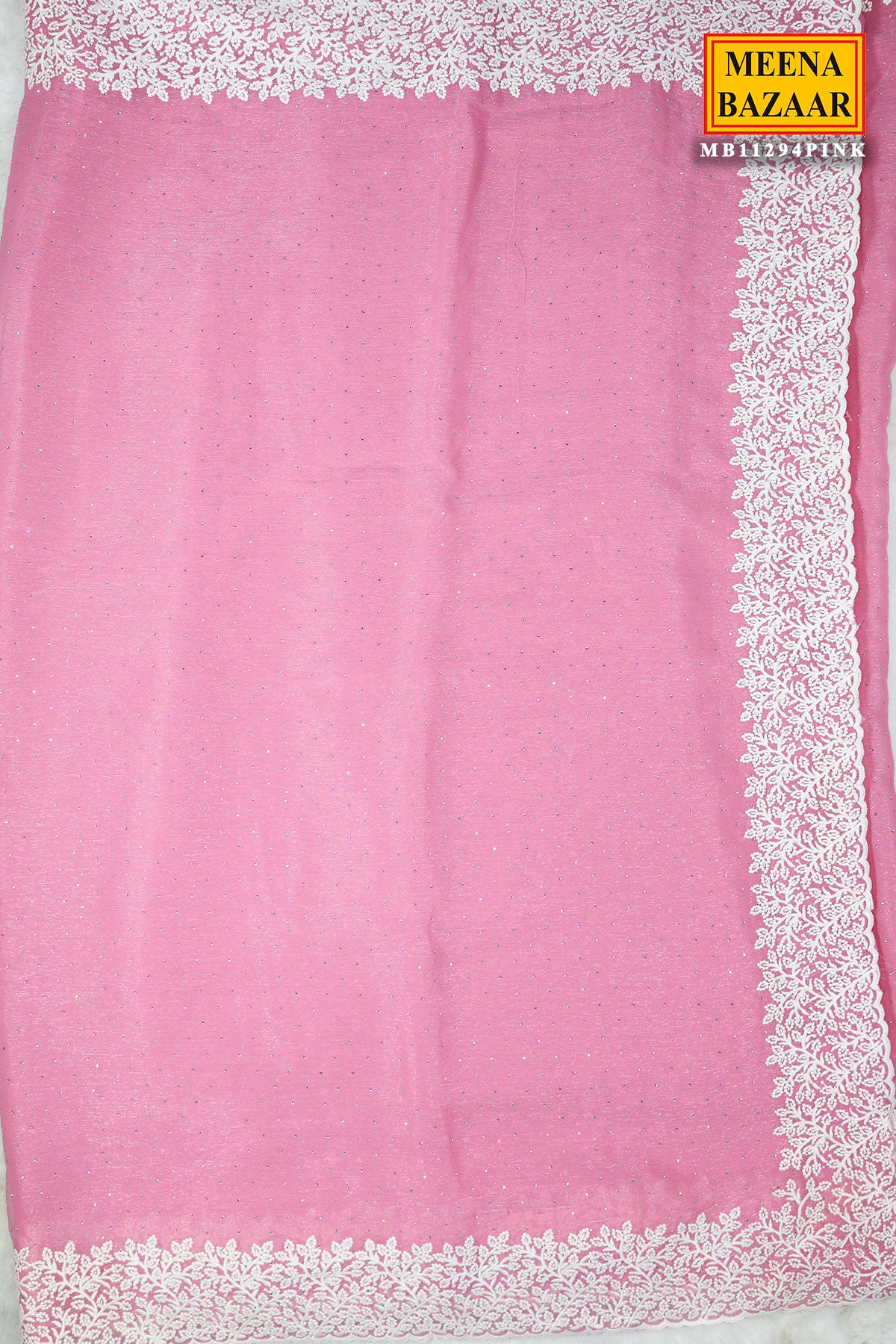 Pink Georgette Swarovski Embellished Thread Embroidered Saree