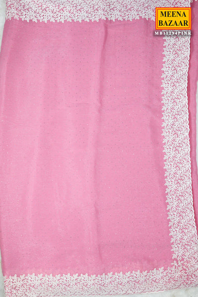 Pink Georgette Swarovski Embellished Thread Embroidered Saree