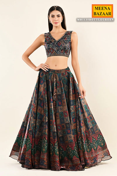 Bottle Green Organza Cut-dana, Zari Embroidered Lehenga