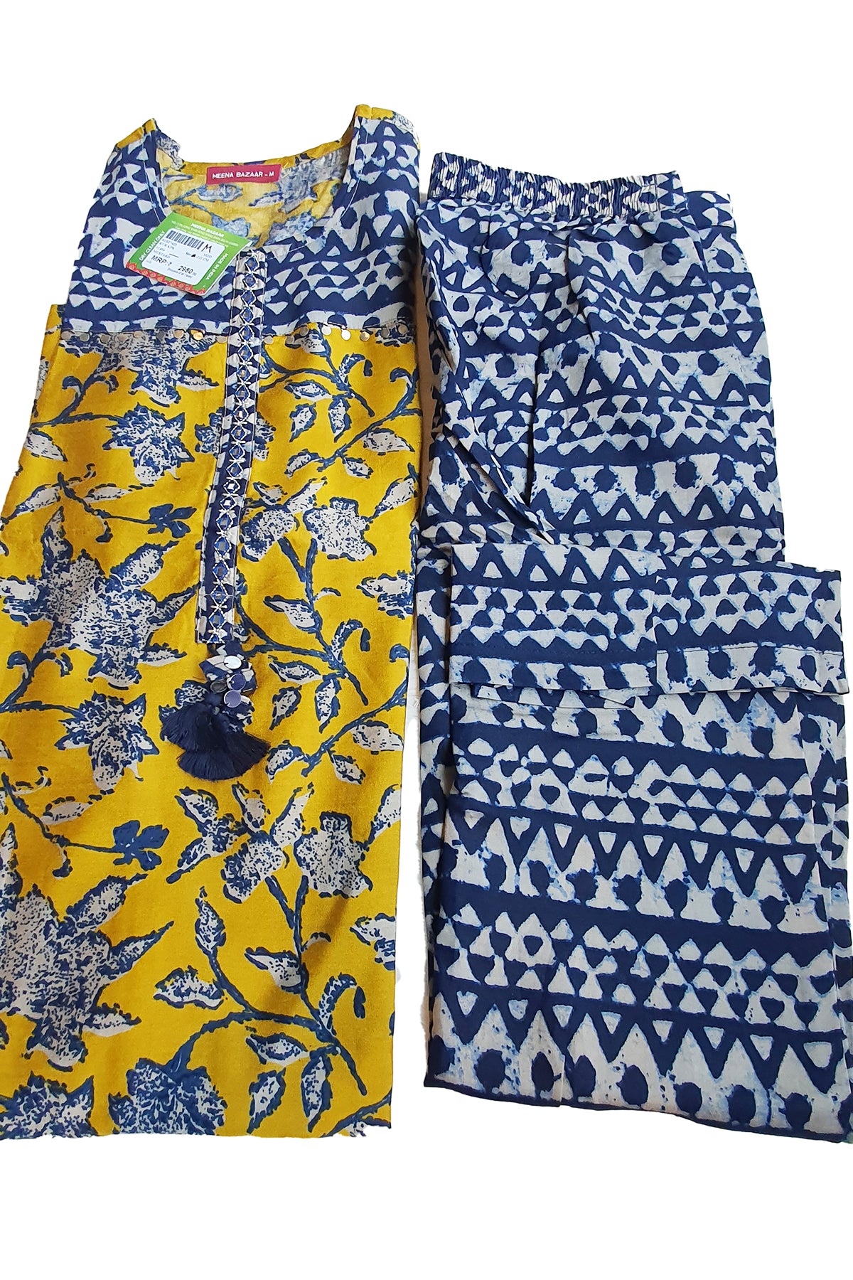 Mustard Muslin Printed Kurti Pant Set with Mirror Work Neck