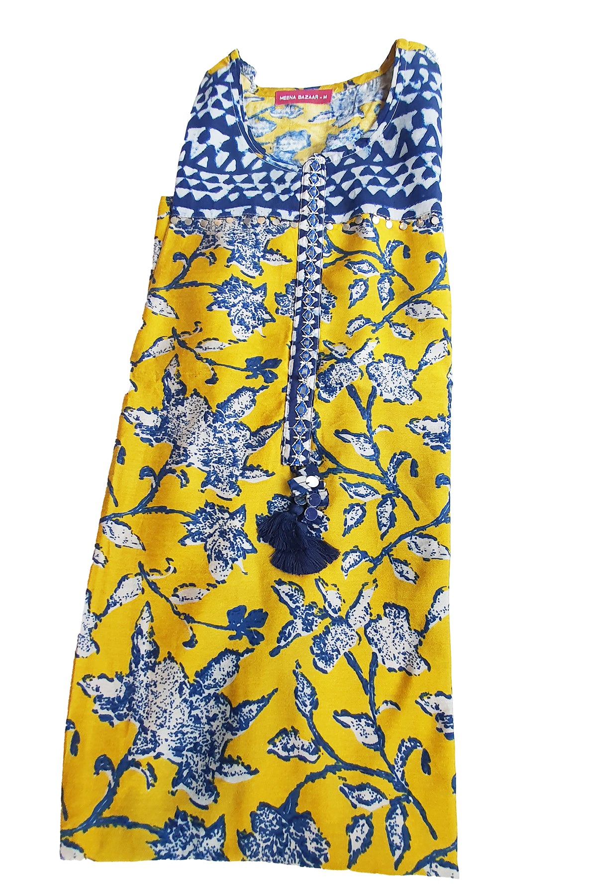 Mustard Muslin Printed Kurti Pant Set with Mirror Work Neck