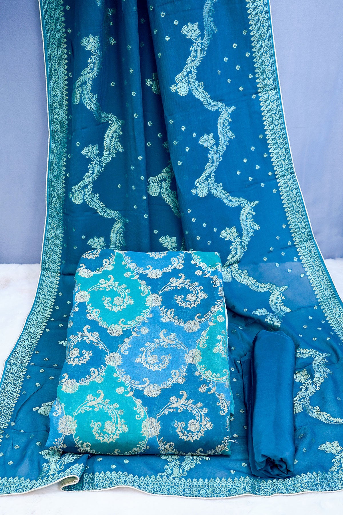 Peacock Blue Georgette Zari Woven Ombre Shaded Suit Set