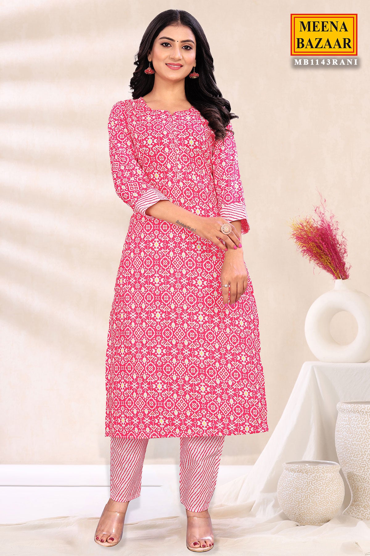 Pink Cotton Ethnic Motifs Printed Kurta with Pant