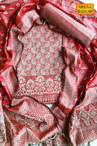 Red Chanderi Cotton Woven Suit Set