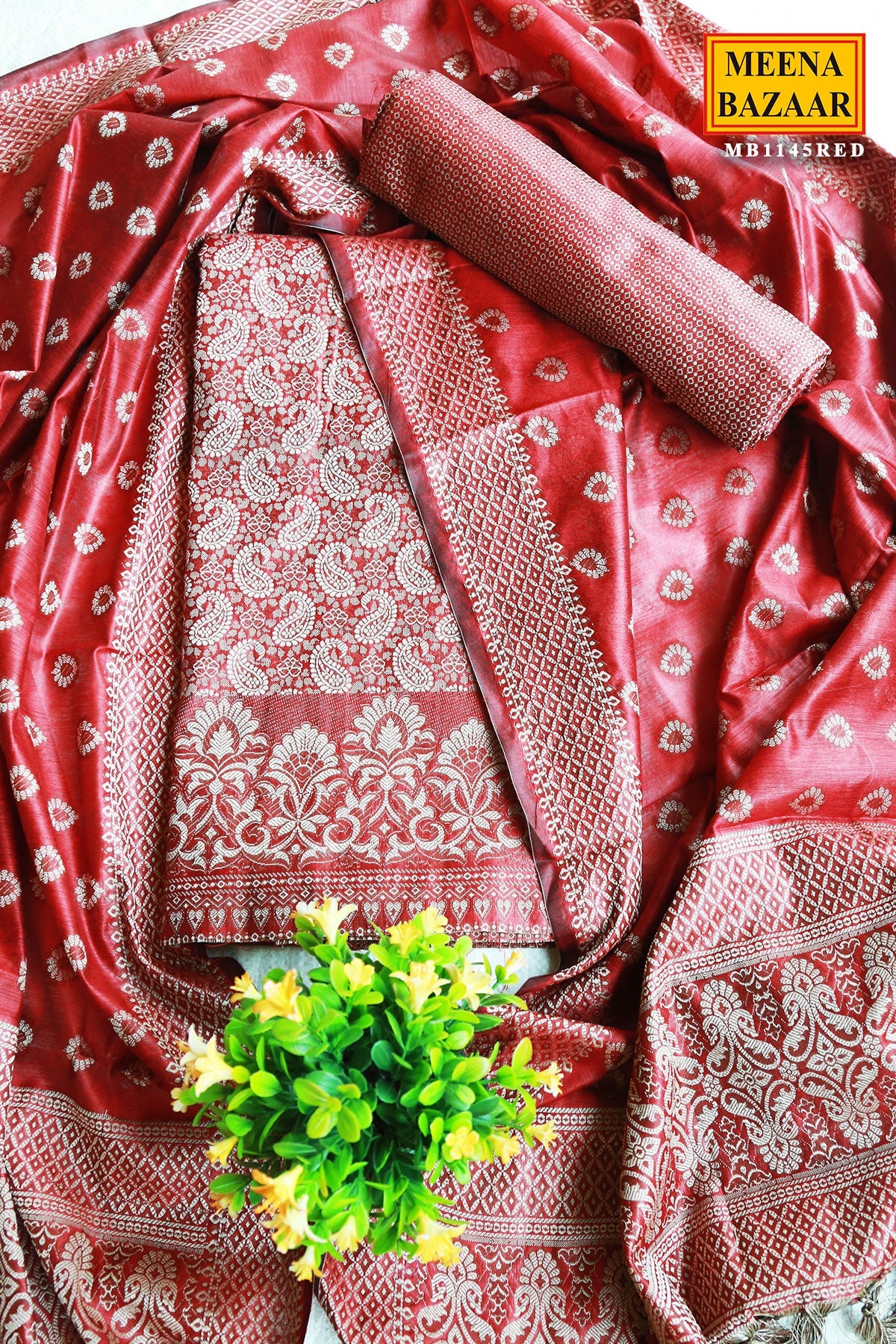 Red Chanderi Cotton Woven Suit Set