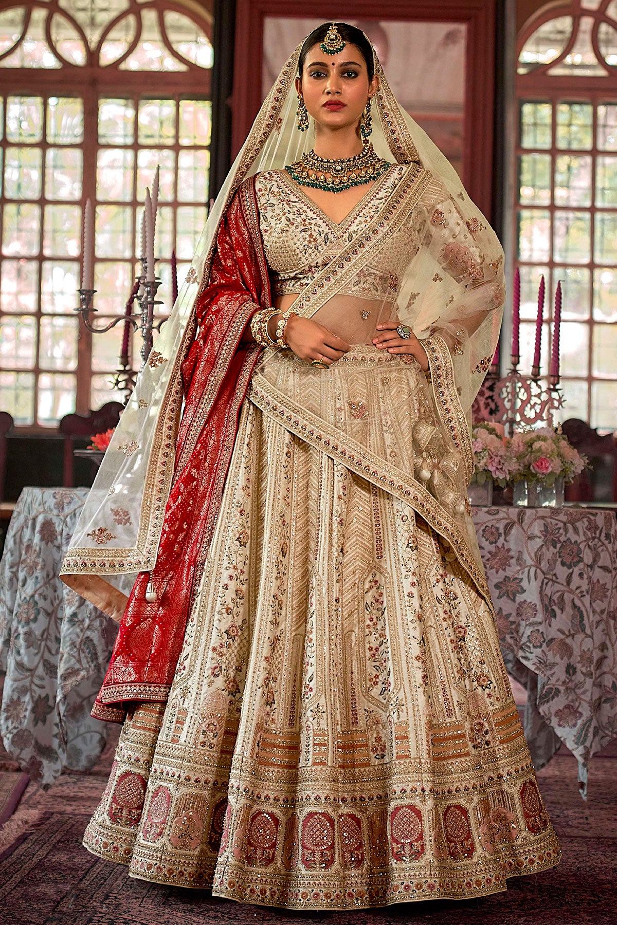 Cream Silk Zari and Sequin Embroidered Lehenga – Elegant Wedding Wear