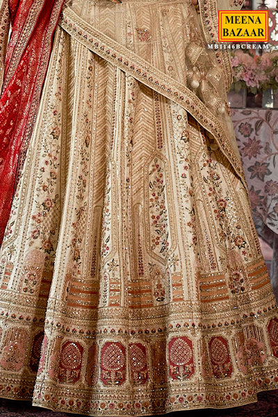Cream Silk Zari and Sequin Embroidered Lehenga – Elegant Wedding Wear