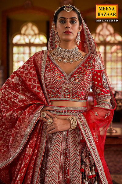Red Silk Zari and Sequin Embroidered Lehenga – Elegant Wedding Wear