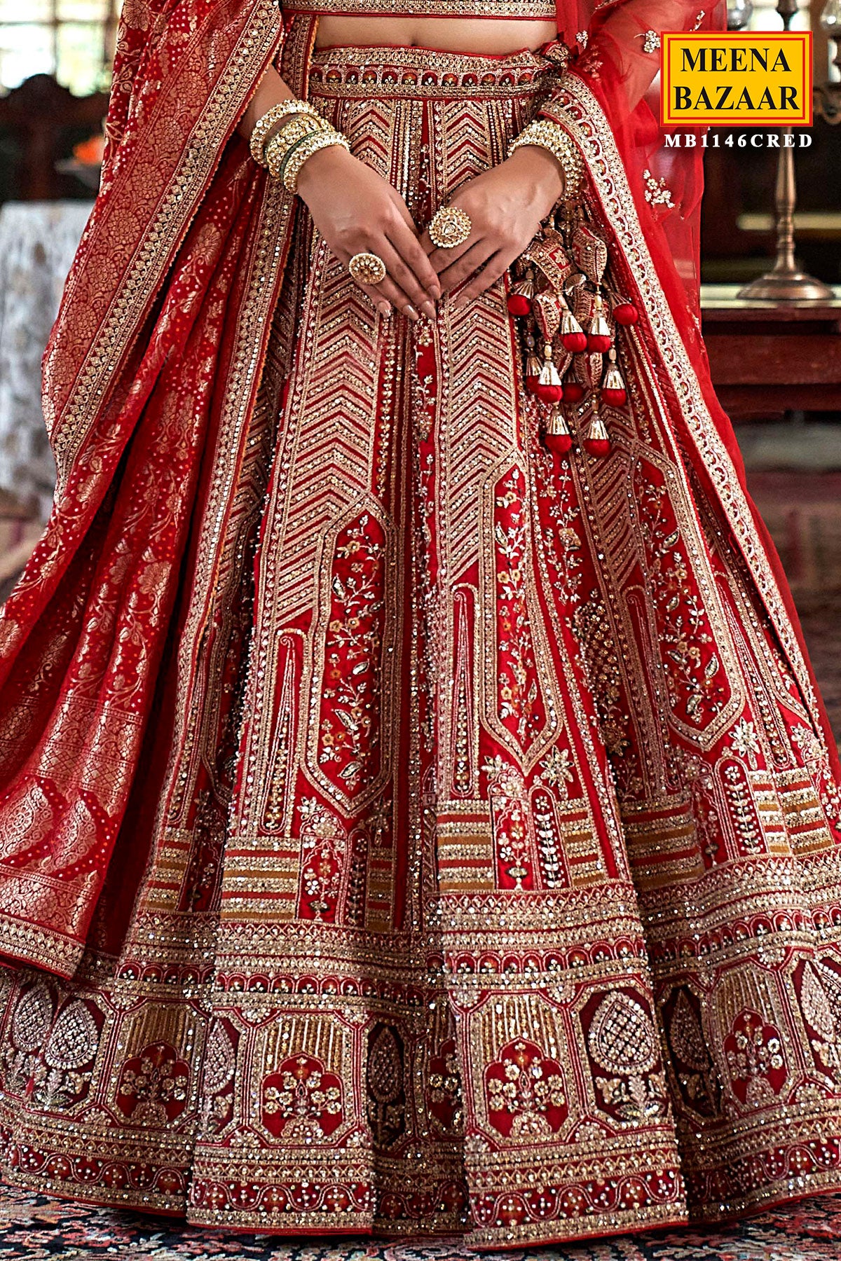 Red Silk Zari and Sequin Embroidered Lehenga – Elegant Wedding Wear