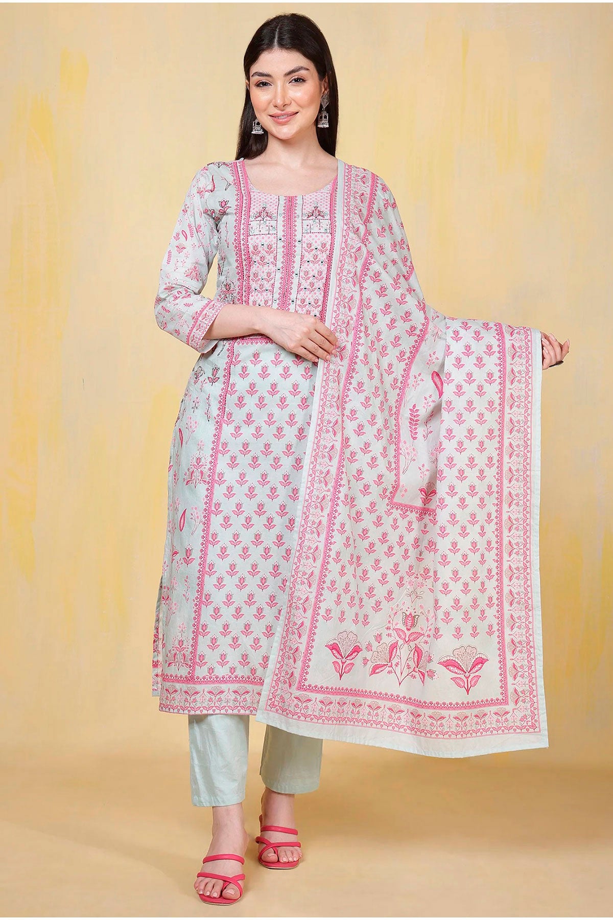 Light Blue Cotton Printed Straight Suit Set With Dupatta