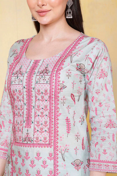 Light Blue Cotton Printed Straight Suit Set With Dupatta