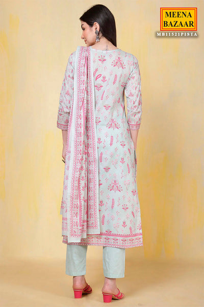 Light Blue Cotton Printed Straight Suit Set With Dupatta