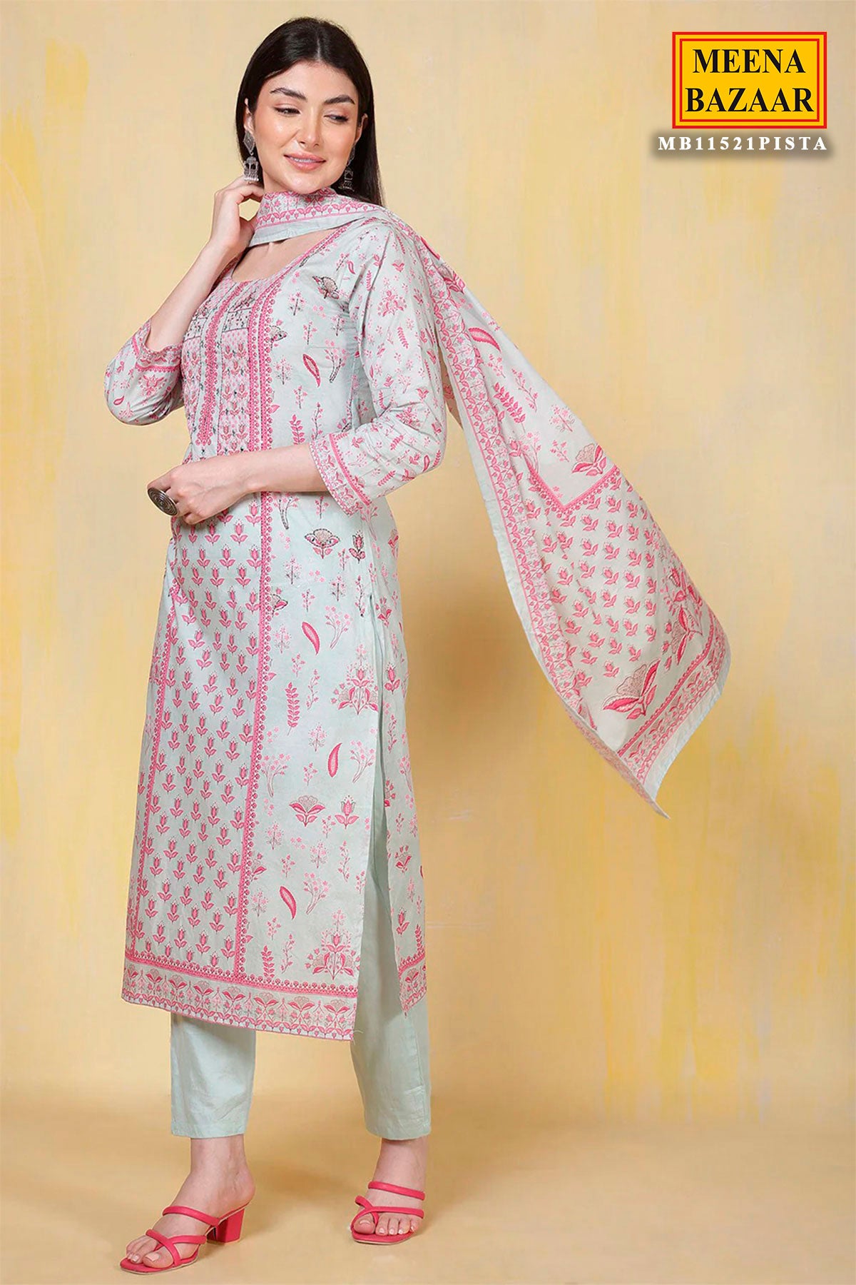Light Blue Cotton Printed Straight Suit Set With Dupatta