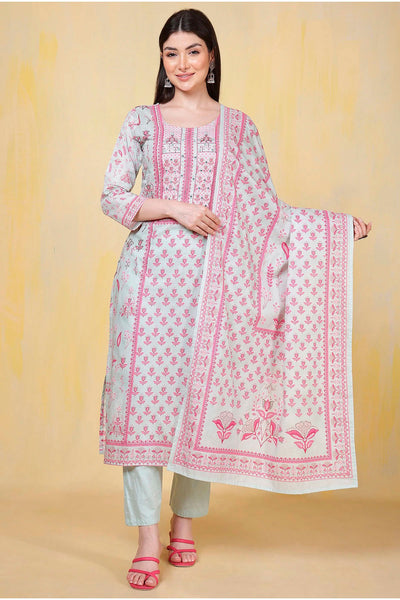 Light Blue Cotton Printed Straight Suit Set With Dupatta