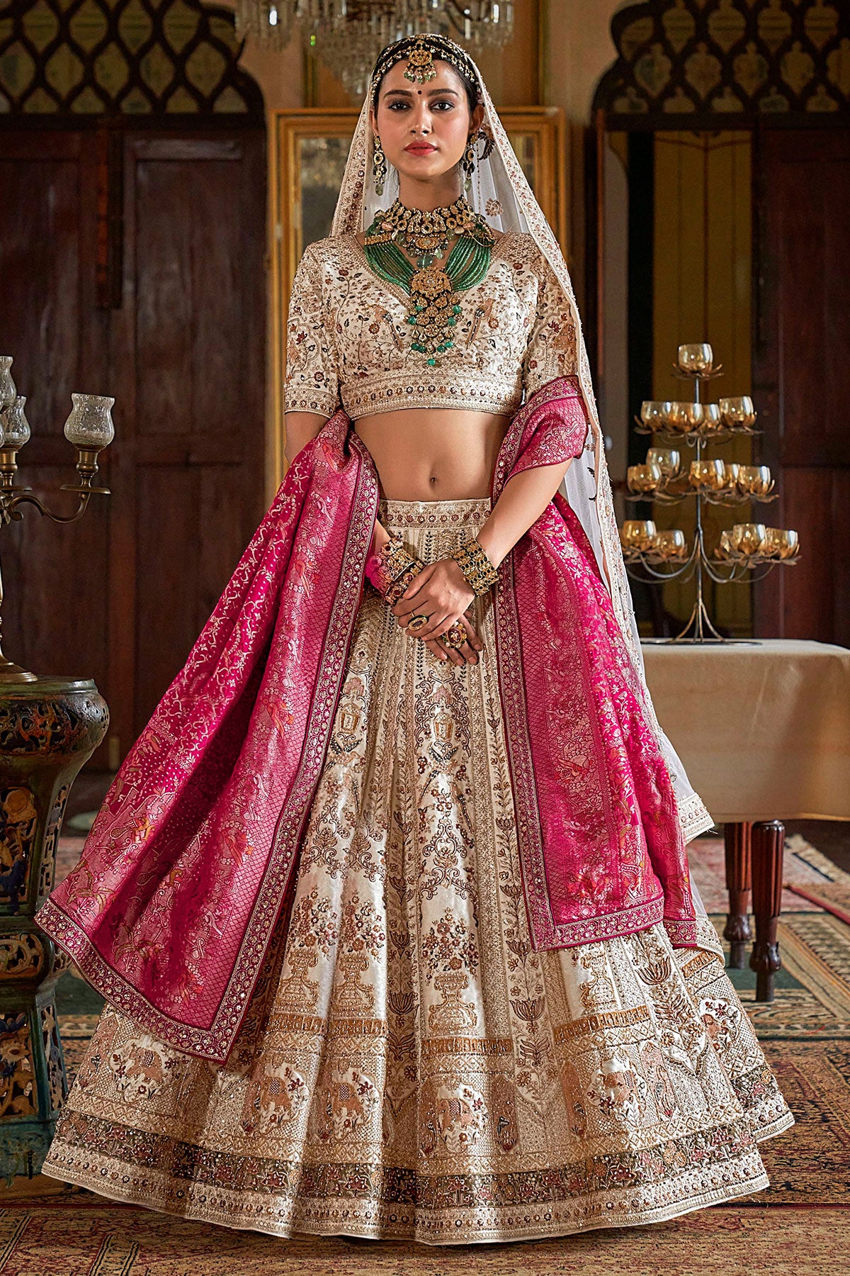 Cream Zari and Sequin Embroidered Bridal Lehenga – Luxurious Wedding Wear