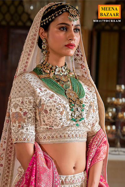 Cream Zari and Sequin Embroidered Bridal Lehenga – Luxurious Wedding Wear