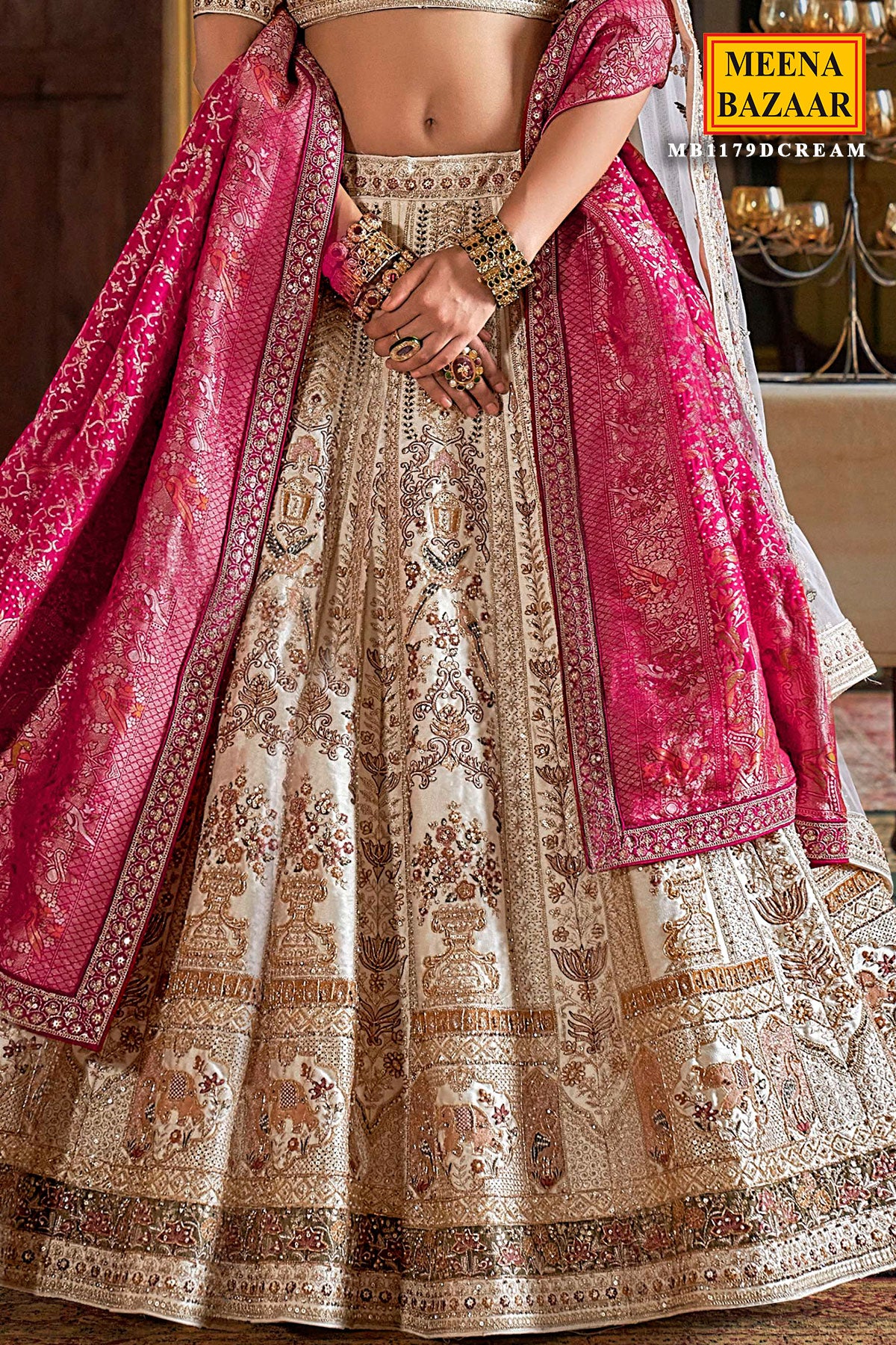 Cream Zari and Sequin Embroidered Bridal Lehenga – Luxurious Wedding Wear