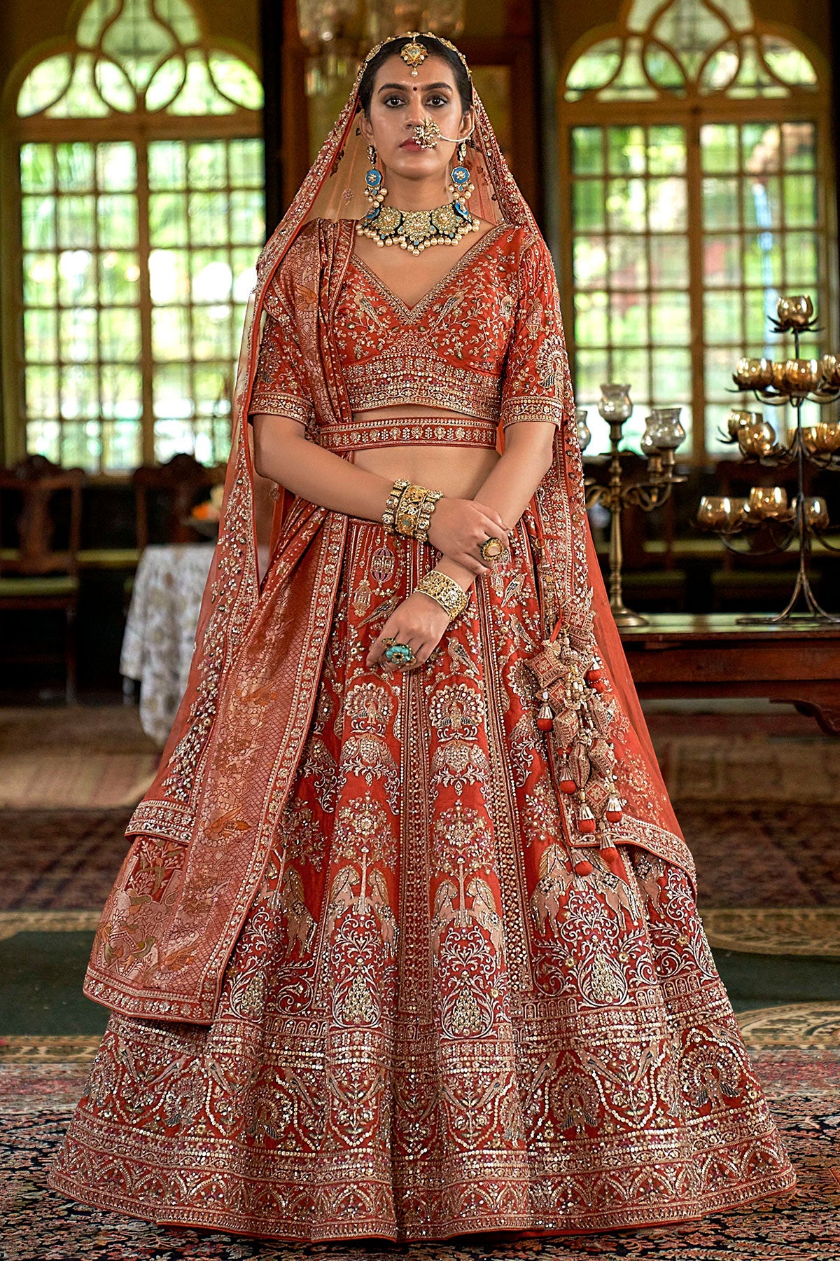 Rust Silk Zari and Sequin Embroidered Lehenga – Luxurious Bridal Wear