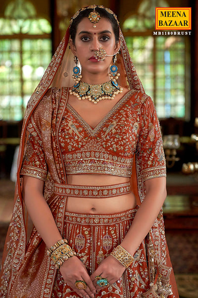 Rust Silk Zari and Sequin Embroidered Lehenga – Luxurious Bridal Wear