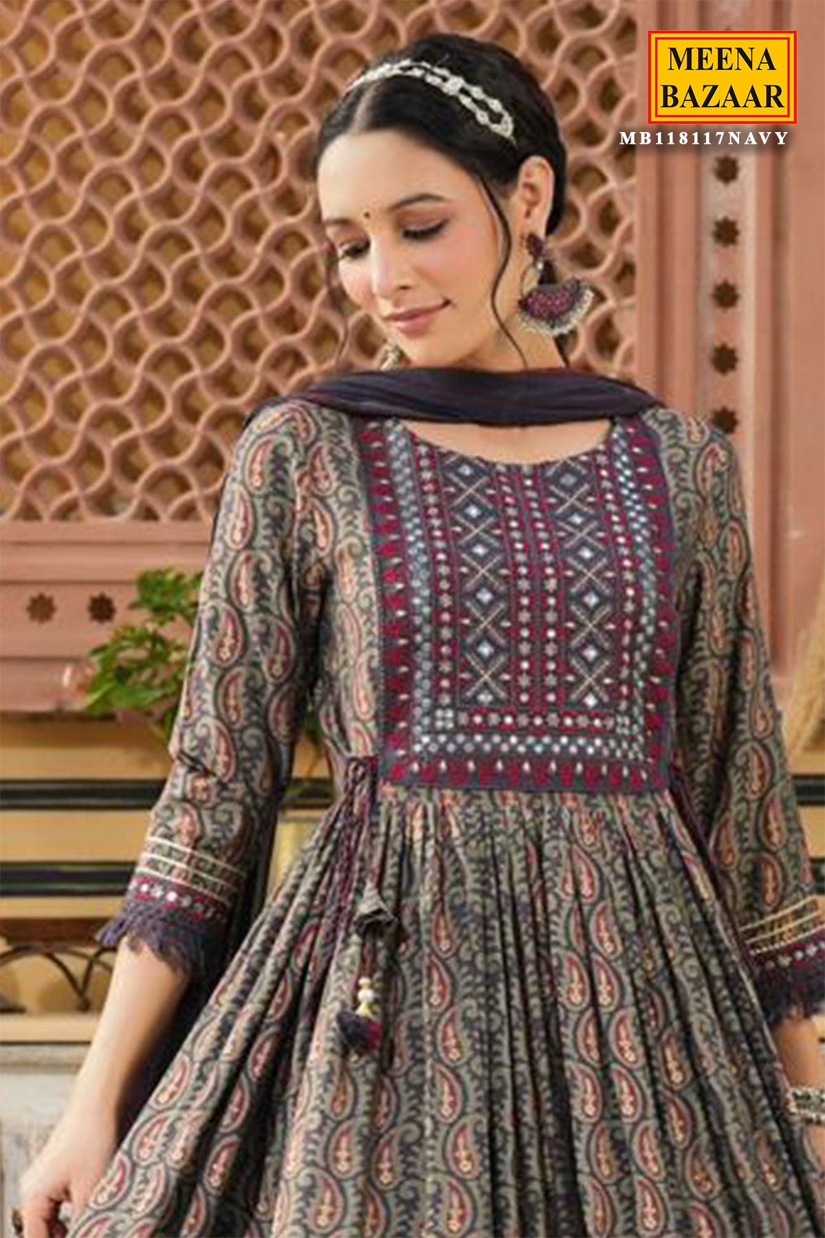 Grey & Navy Muslin Paisley Printed Anarkali Suit with Embroidered Neck