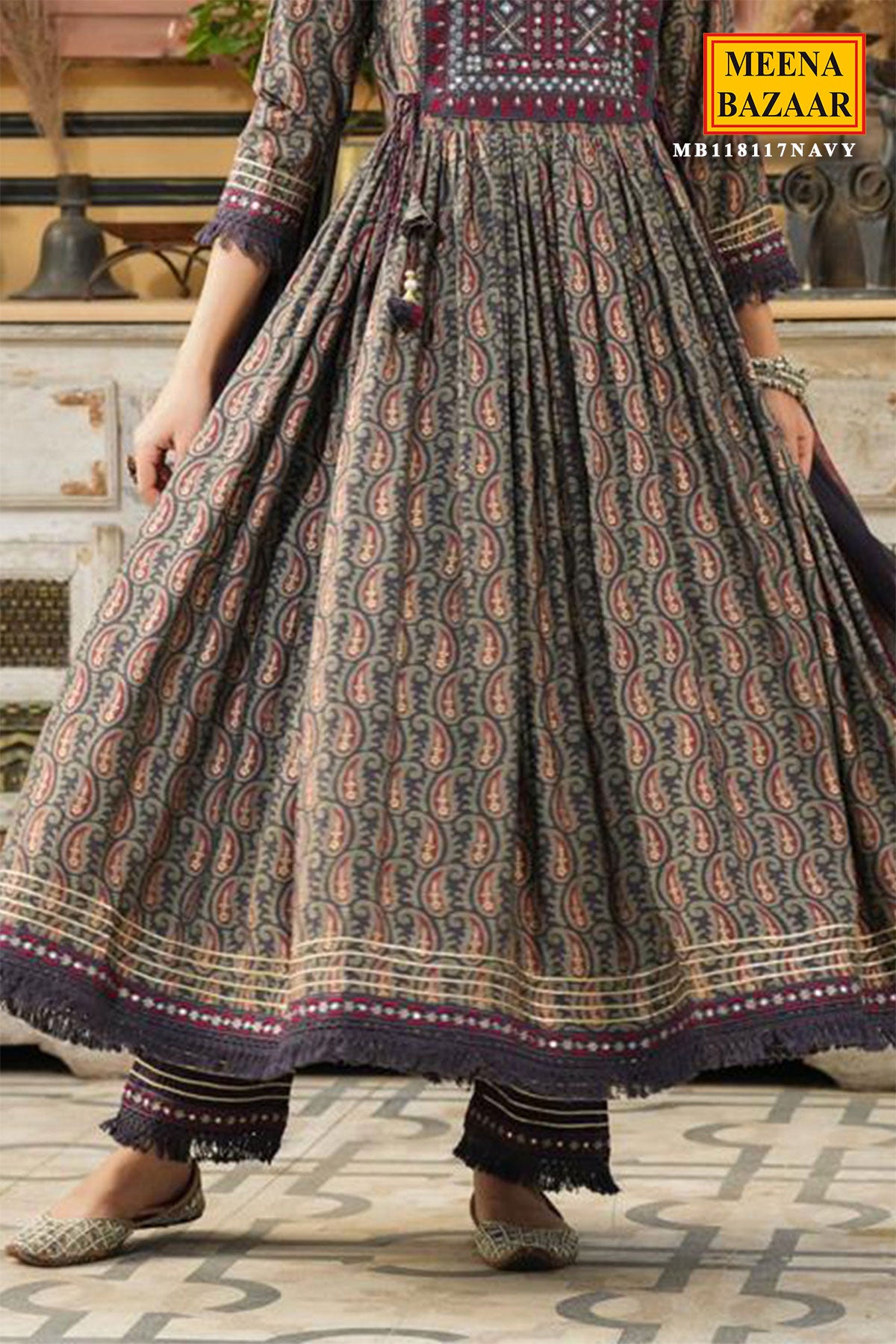 Grey & Navy Muslin Paisley Printed Anarkali Suit with Embroidered Neck