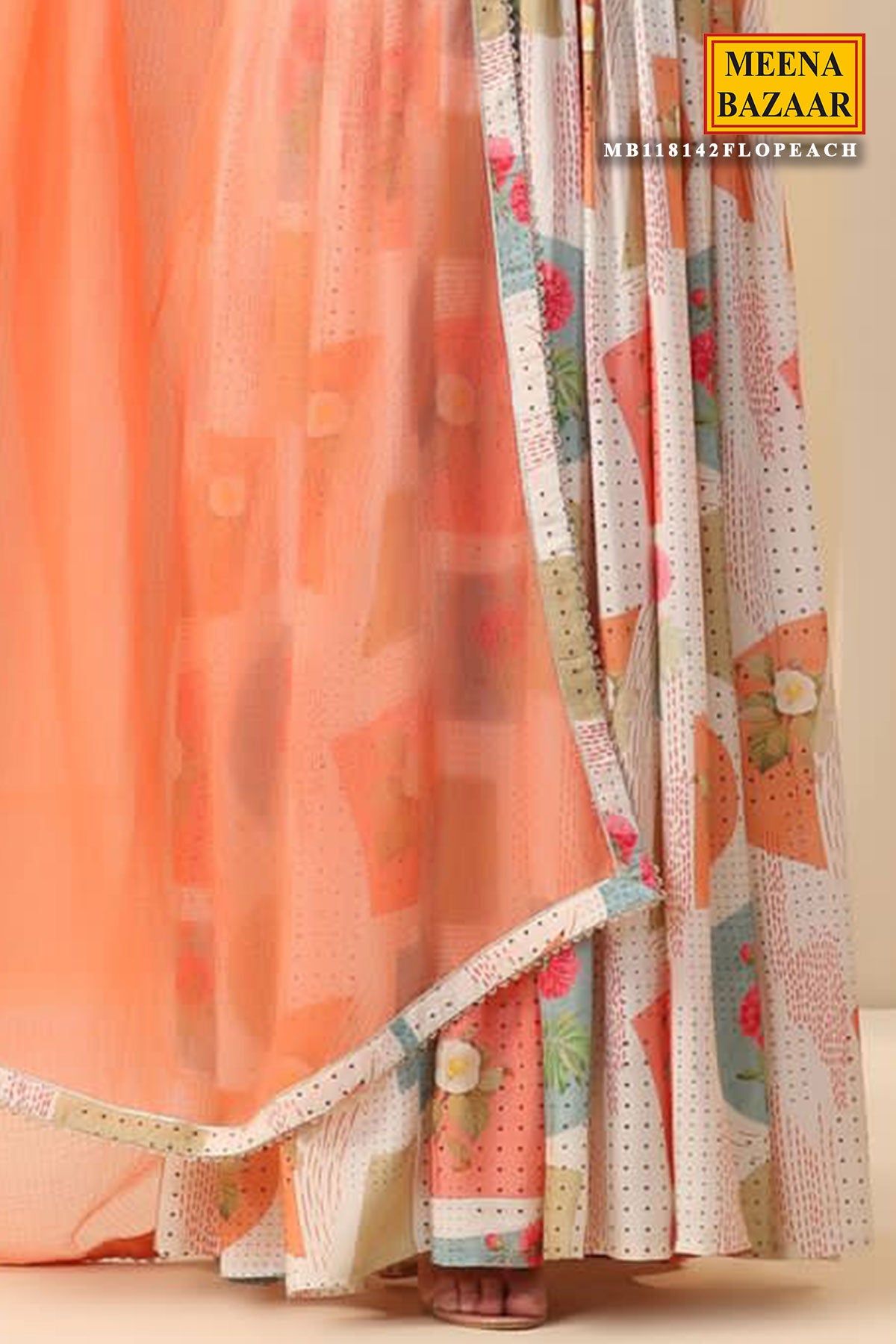 Peach Muslin Printed Suit Set with Threadwork and Mirrorwork Embroidered Neck