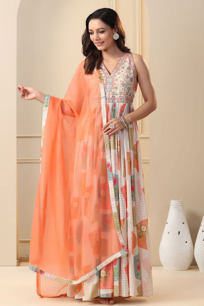 Peach Muslin Printed Suit Set with Threadwork and Mirrorwork Embroidered Neck