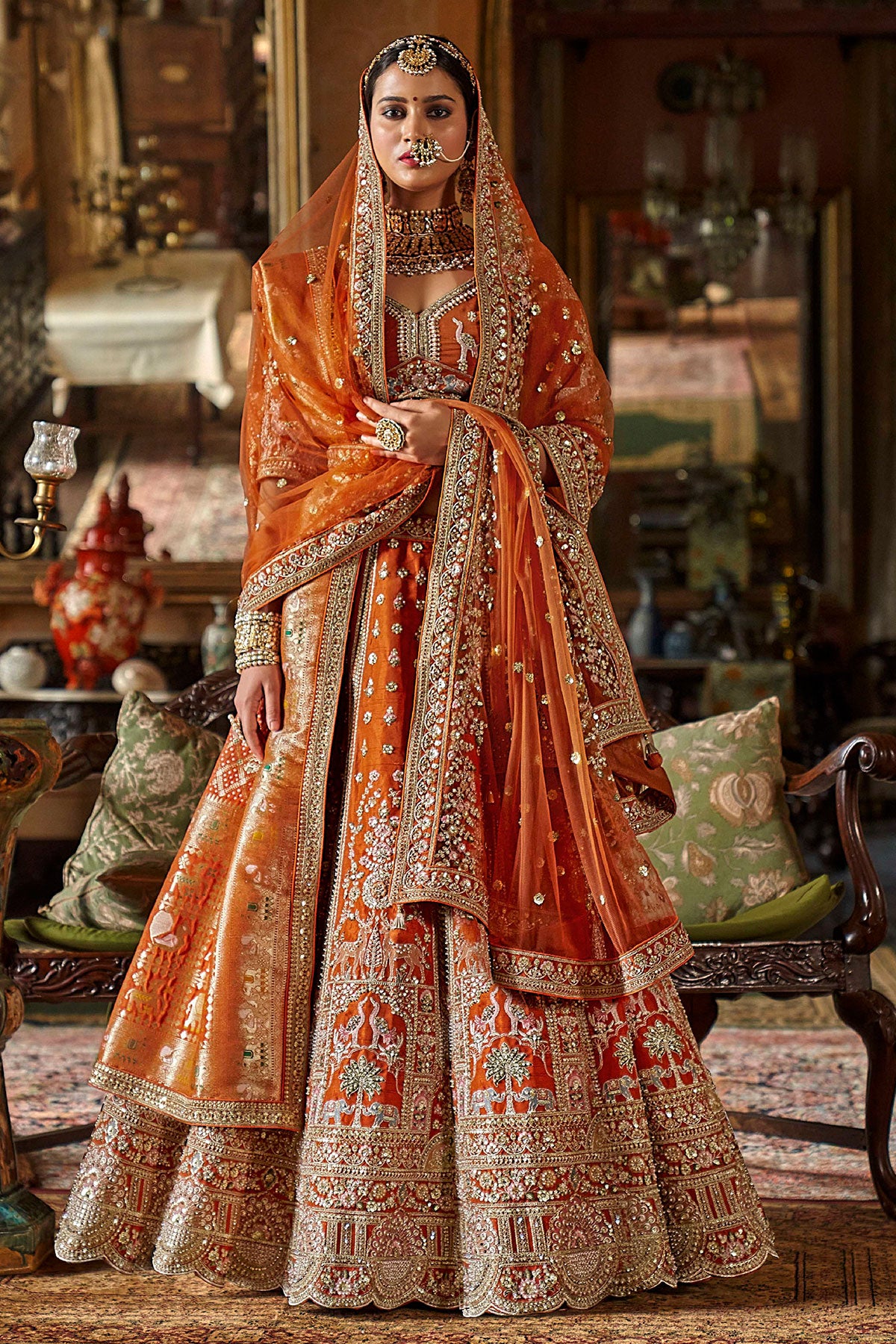 Rust Silk Zari and Sequin Embroidered Bridal Lehenga – Royal Wedding Ensemble