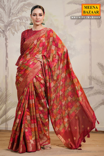 Maroon Silk Bandhani Print Floral Woven Saree
