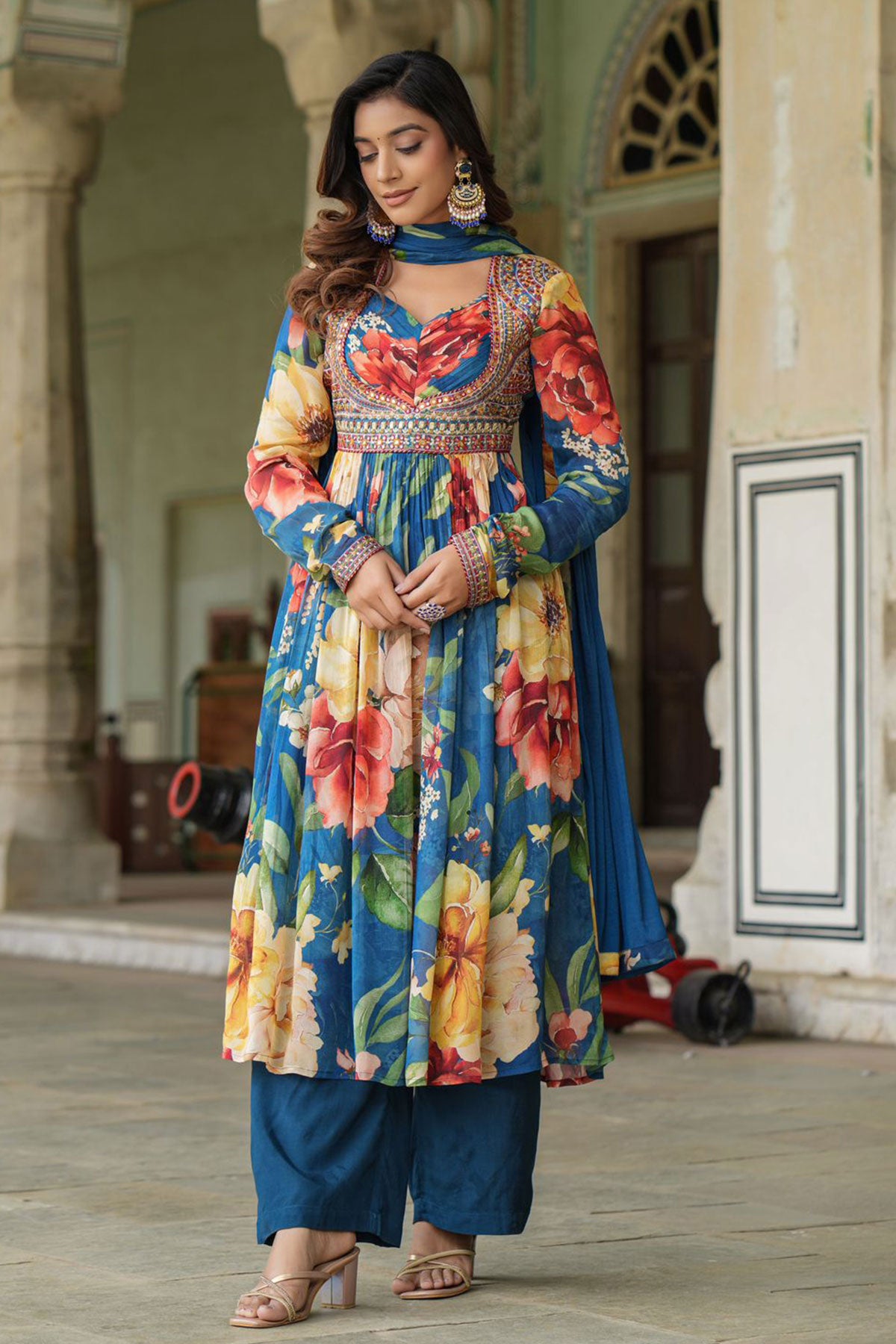 Blue Chinon Floral Printed Neck Embroidered Suit