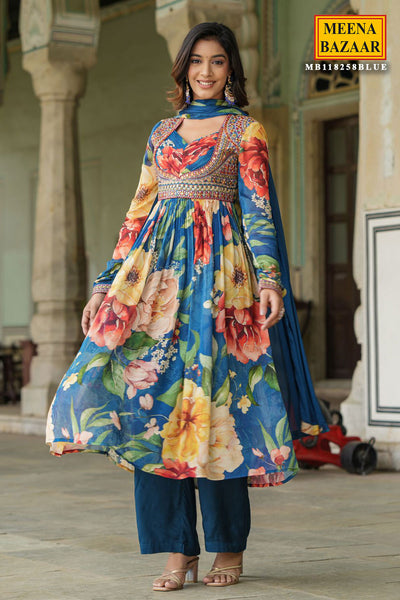 Blue Chinon Floral Printed Neck Embroidered Suit