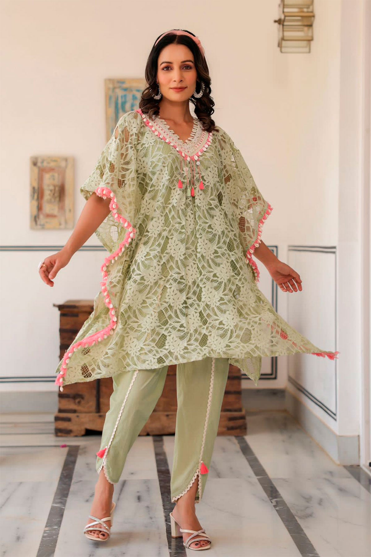 Light Green Cotton Schiffli Embroidered Kaftan Dhoti Set