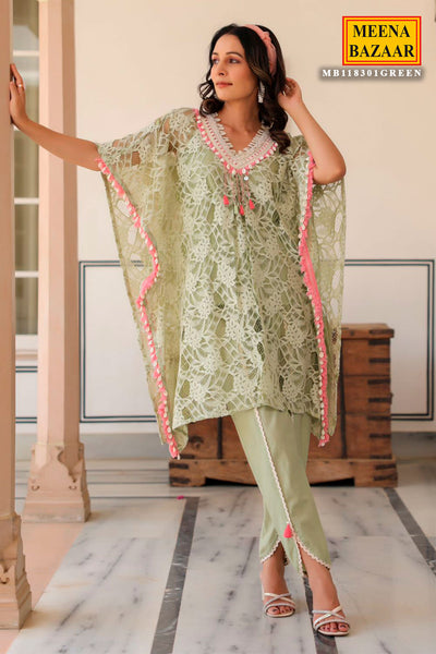 Light Green Cotton Schiffli Embroidered Kaftan Dhoti Set