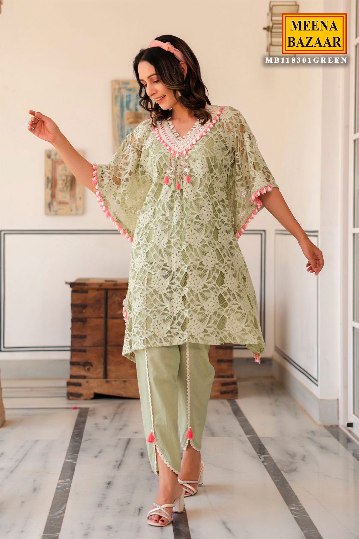 Light Green Cotton Schiffli Embroidered Kaftan Dhoti Set