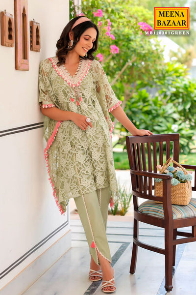 Light Green Cotton Schiffli Embroidered Kaftan Dhoti Set