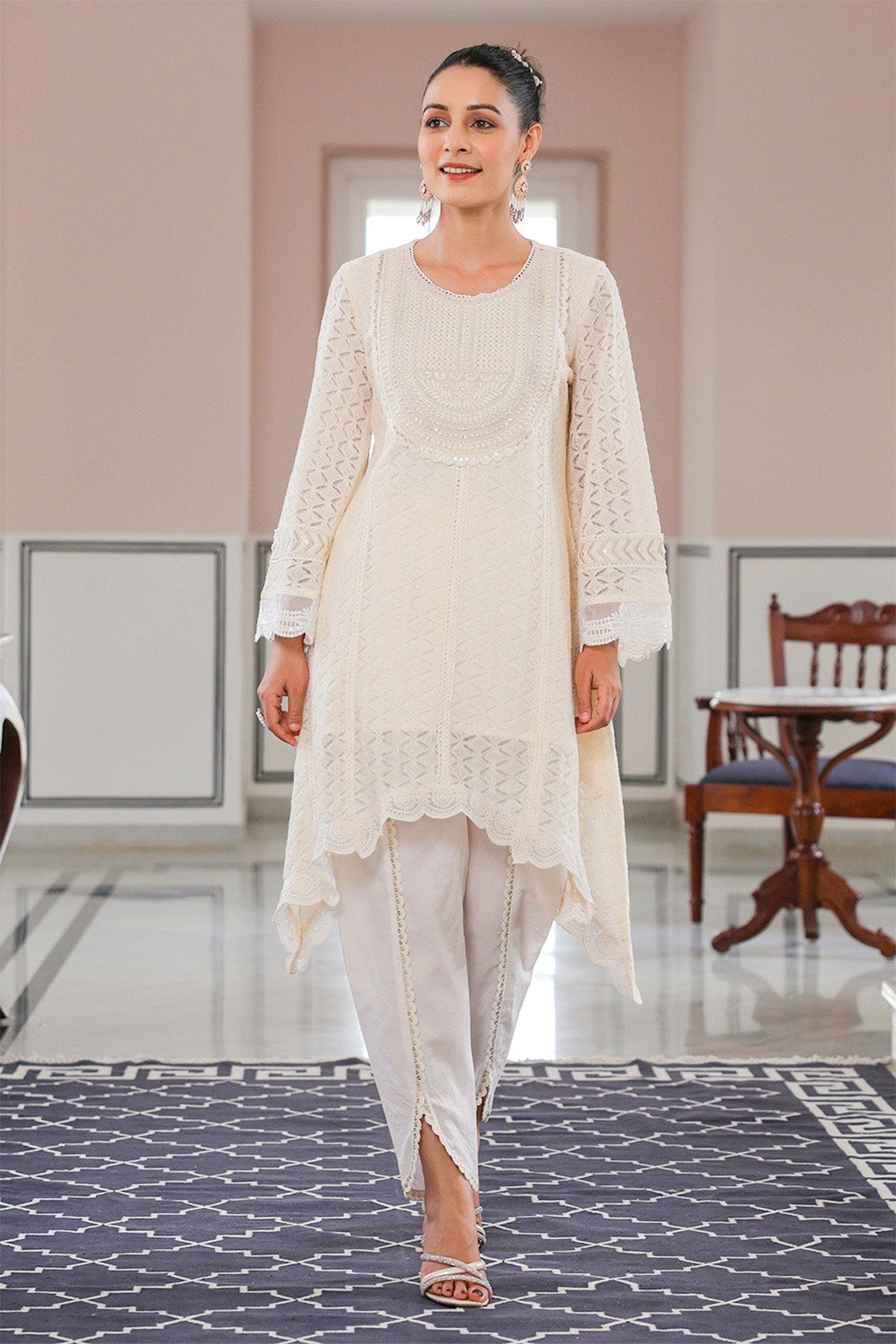 Off-white Cotton Asymmetrical Pearl Embroidered Kurta Dhoti Set