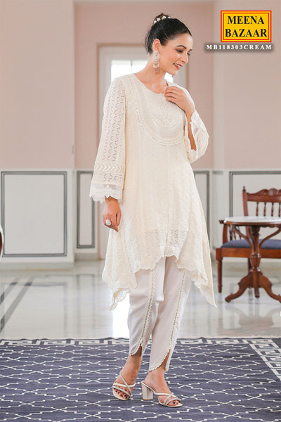 Off-white Cotton Asymmetrical Pearl Embroidered Kurta Dhoti Set