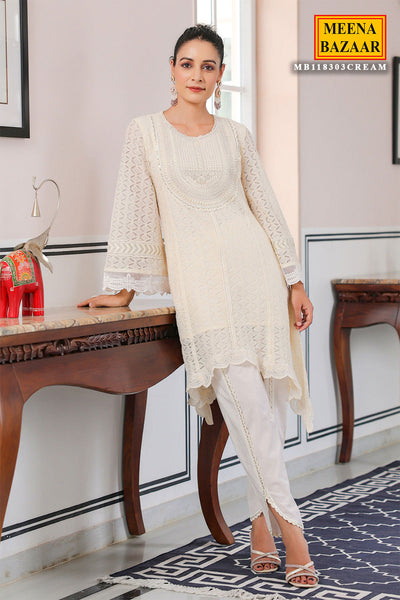 Off-white Cotton Asymmetrical Pearl Embroidered Kurta Dhoti Set