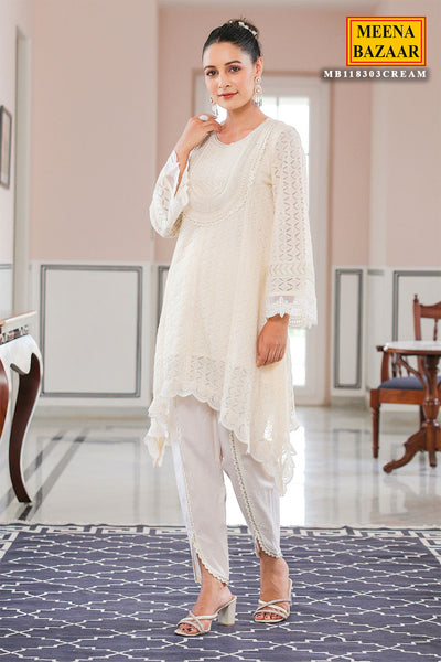 Off-white Cotton Asymmetrical Pearl Embroidered Kurta Dhoti Set