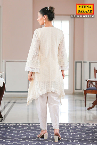 Off-white Cotton Asymmetrical Pearl Embroidered Kurta Dhoti Set