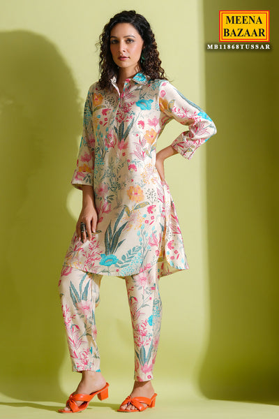 Tussar Crepe Floral Printed Sequined Collar Co-Ord Set